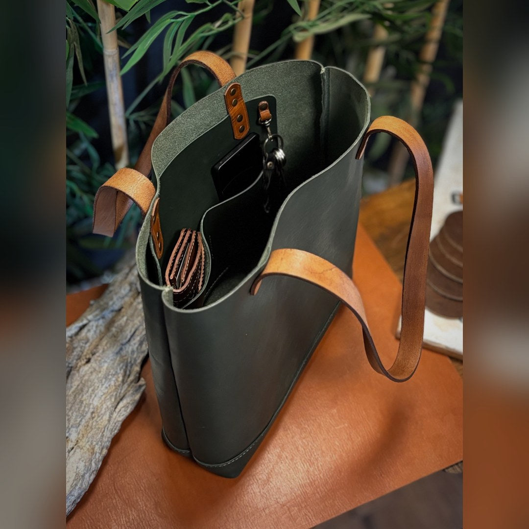 SELVA hakiki deri tote çanta, haki yeşil gövde ve taba sap